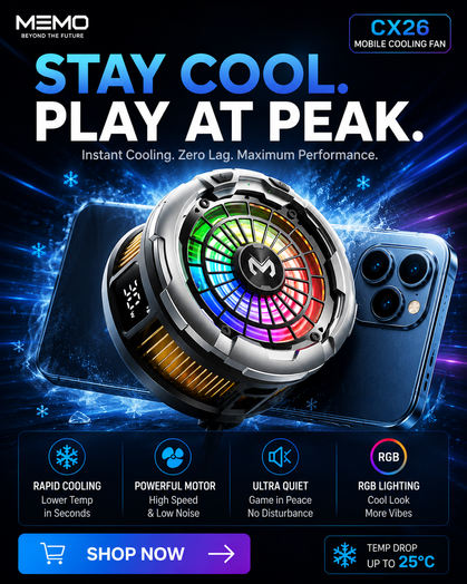 MEMO CX26 mobile cooling fan with RGB lighting on a dark background