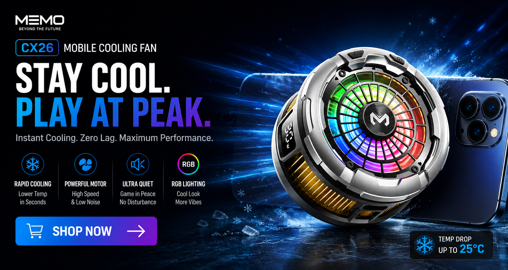 Mobile cooling fan with RGB lighting on a dark background, featuring MEMO branding.