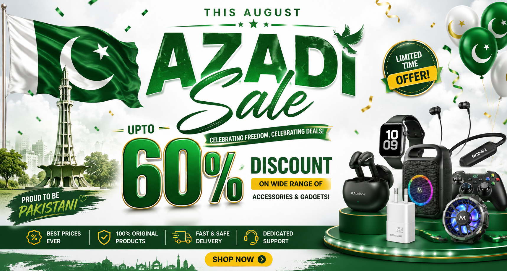Promotional sale banner for Pakistan with large green text reading 'AZADI Sale' and 'Upto 60% Discount', alongside patriotic green-and-white flag graphics, the Pakistan Tower, and several gadgets including a smartwatch, earbuds, headphones, a speaker, a game controller, and a charging cable on a white background.