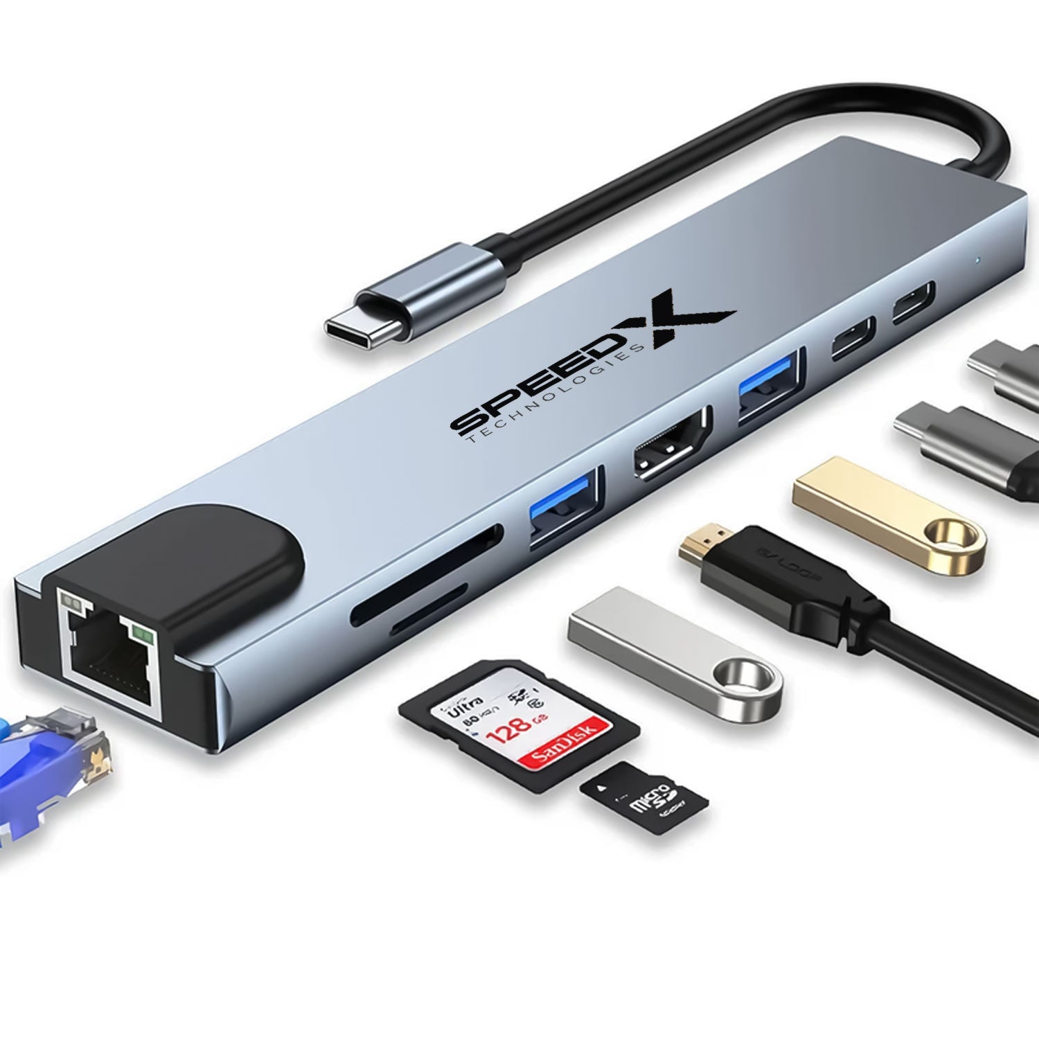 SpeedX SP-TC801 8-in-1 Multi-Port Type-C 4K HDMI USB 3.0 Hub Converter