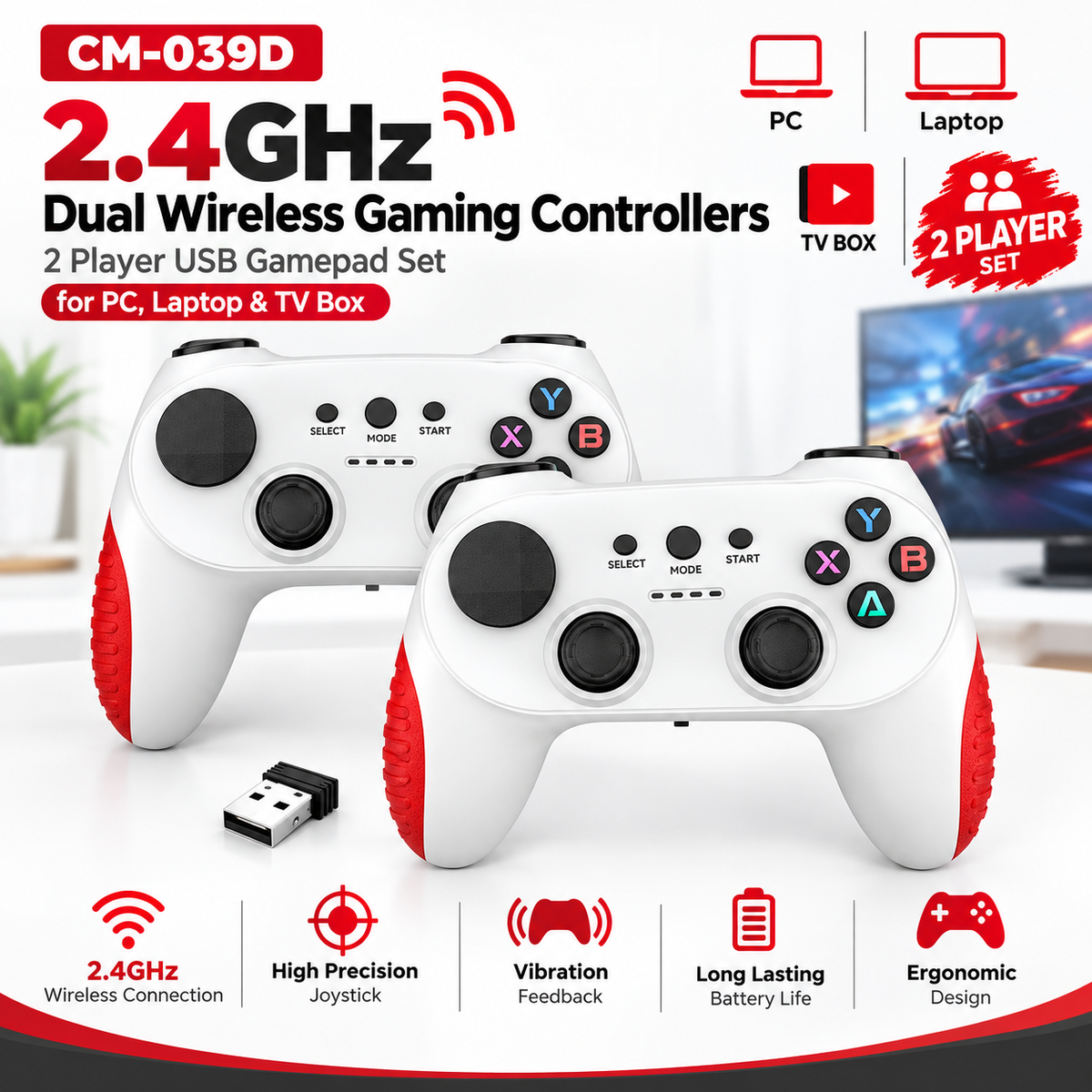 CM-039D 2.4GHz Dual Wireless Gaming Controllers – 2 Player USB Gamepad Set for PC, Laptop & TV Box