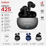 Audionic Airbud 425 wireless earbuds in a dark gray charging case, shown with product features, marketing text, and color options on a white background.