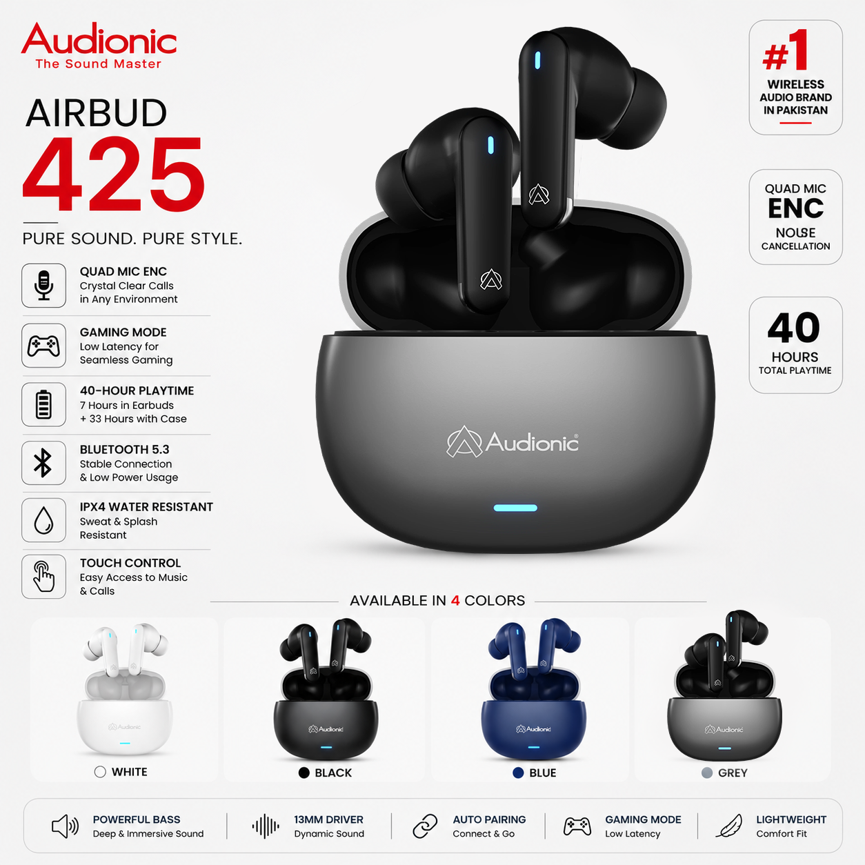 Audionic Airbud 425 wireless earbuds in a dark gray charging case, shown with product features, marketing text, and color options on a white background.