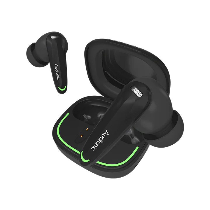 Black wireless earbuds with green accents and charging case on a white background