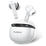 White Audionic true wireless earbuds with one earbud floating above and the other resting in its charging case, shown on a clean white background.