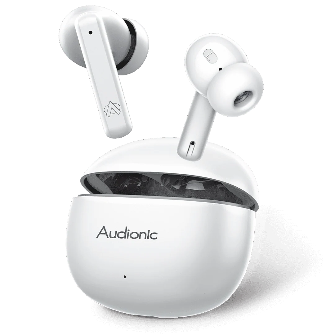 White Audionic true wireless earbuds with one earbud floating above and the other resting in its charging case, shown on a clean white background.