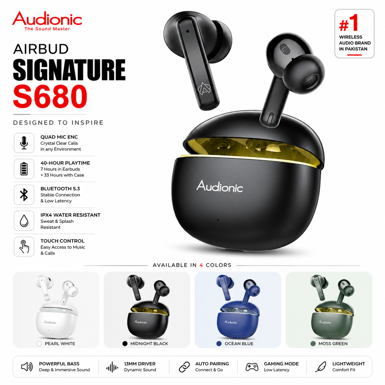 Audionic Signature S680 wireless earbuds in black with a gold interior, shown in their charging case on a white background with product features, color options, and branding.