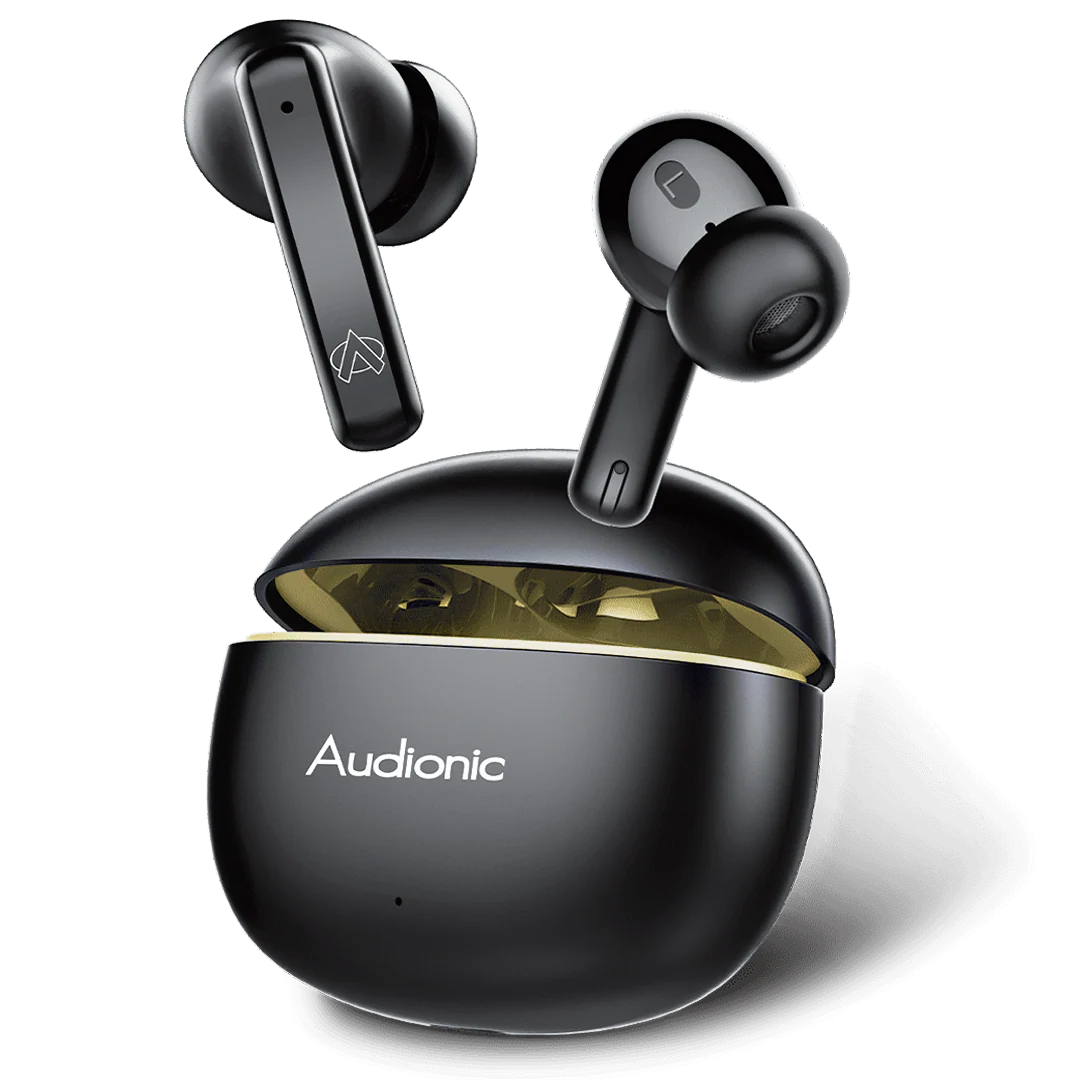 Black Audionic true wireless earbuds floating above an open charging case with a gold interior, shown on a clean white background.
