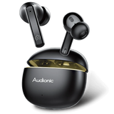 Black Audionic true wireless earbuds floating above an open charging case with a gold interior, shown on a clean white background.