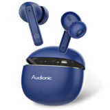 Blue wireless earbuds with charging case on a white background, featuring the brand 'Audionic'.