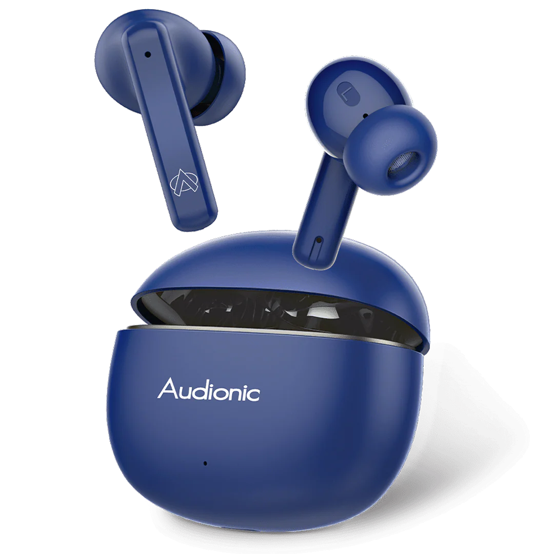 Blue wireless earbuds with charging case on a white background, featuring the brand 'Audionic'.
