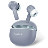Gray wireless earbuds with charging case on a black background, featuring the brand 'Audionic'.