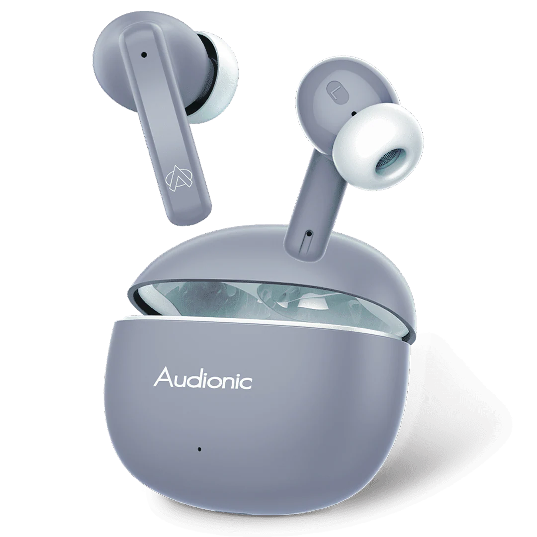Gray wireless earbuds with charging case on a black background, featuring the brand 'Audionic'.