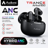 Audionic Trance Airbud 850 wireless earbuds in black with a matching charging case, shown on a white background with promotional text and feature icons for ANC, 50h playtime, and 50DB hybrid ANC.
