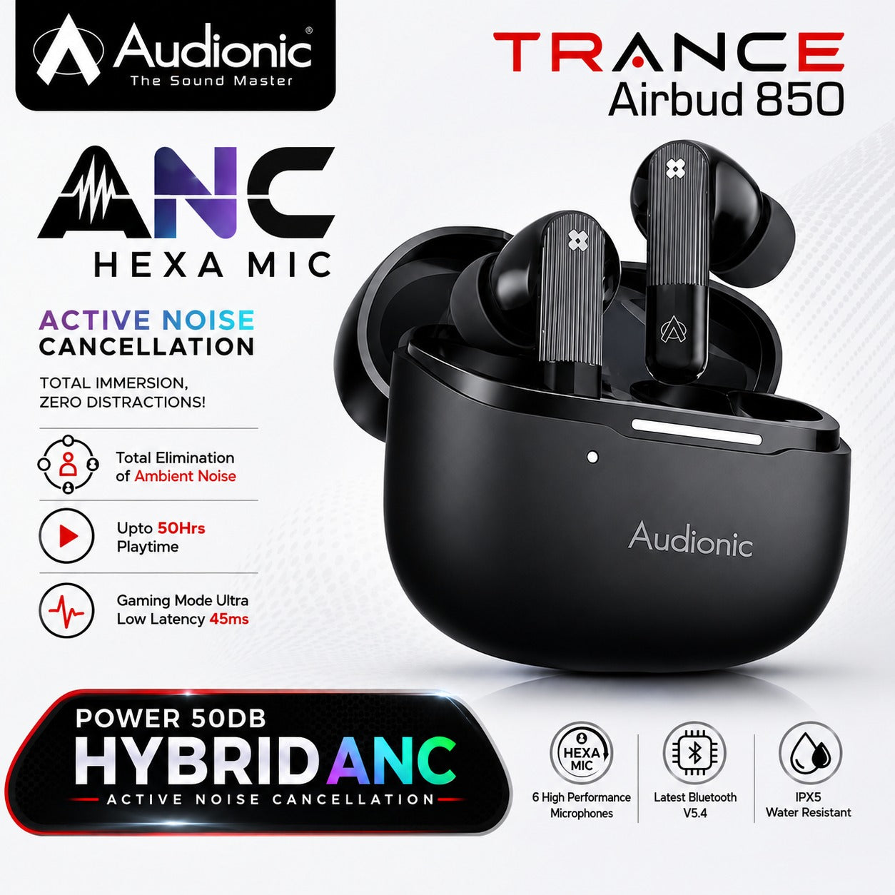 Audionic Trance Airbud 850 wireless earbuds in black with a matching charging case, shown on a white background with promotional text and feature icons for ANC, 50h playtime, and 50DB hybrid ANC.