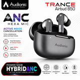 Audionic TRANCE Airbud 850 true wireless earbuds in a glossy black charging case, shown with product features and specifications on a white background.