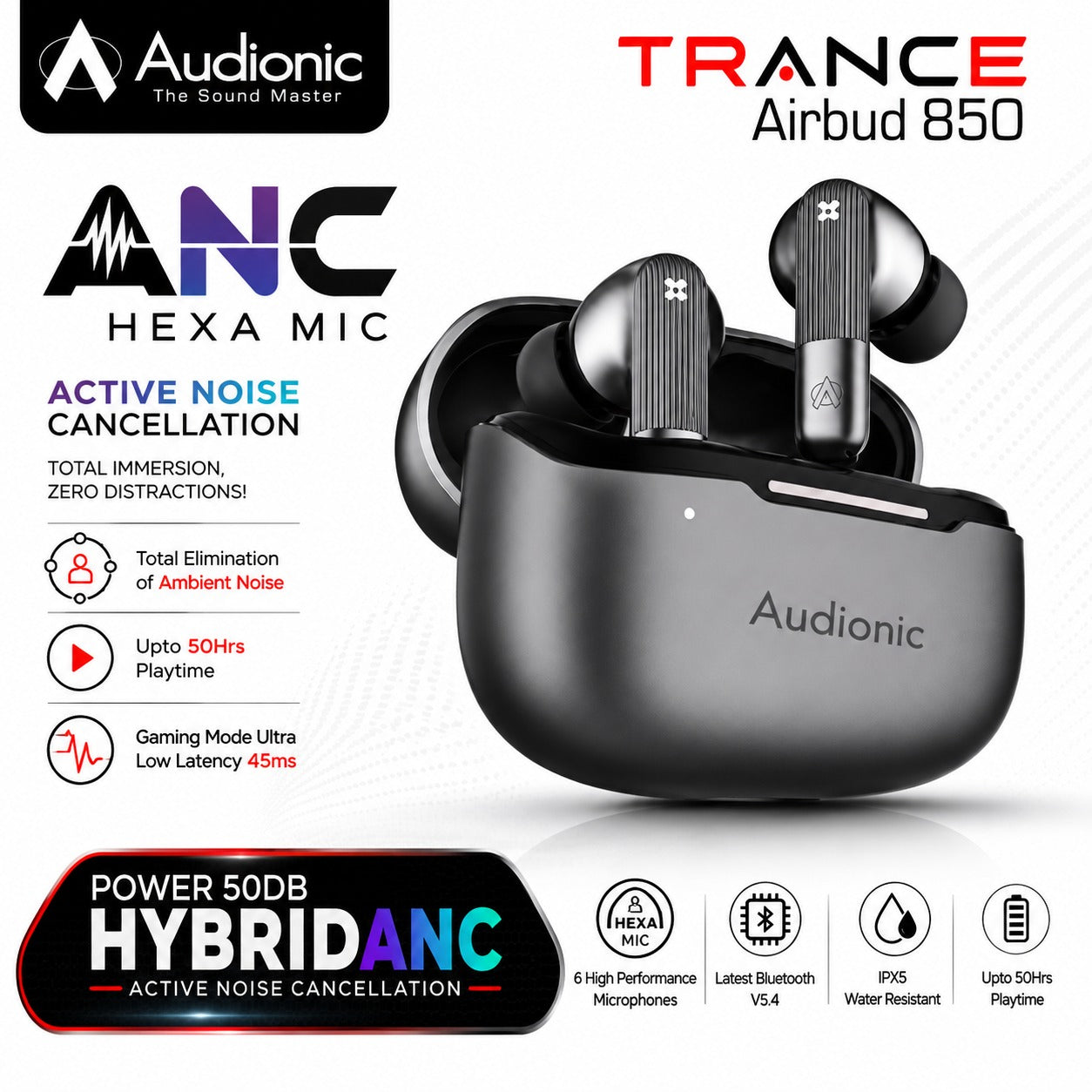 Audionic TRANCE Airbud 850 true wireless earbuds in a glossy black charging case, shown with product features and specifications on a white background.