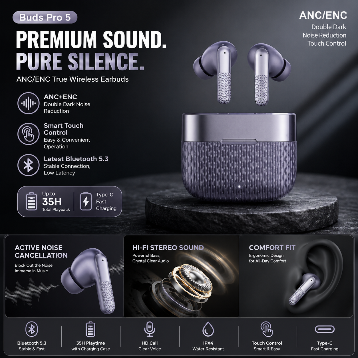 A pair of true wireless earbuds floating above their charging case on a dark pedestal, with marketing text and feature callouts around them. The product is shown in a dark studio-style composition with no person or real environment, so subject_type is Product/Packaging rather than Lifestyle.