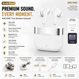 White ANC/ENC true wireless earbuds with their charging case, shown on a white infographic background with feature callouts, available colors, and icons for Bluetooth 5.3, fast charging, and touch control.