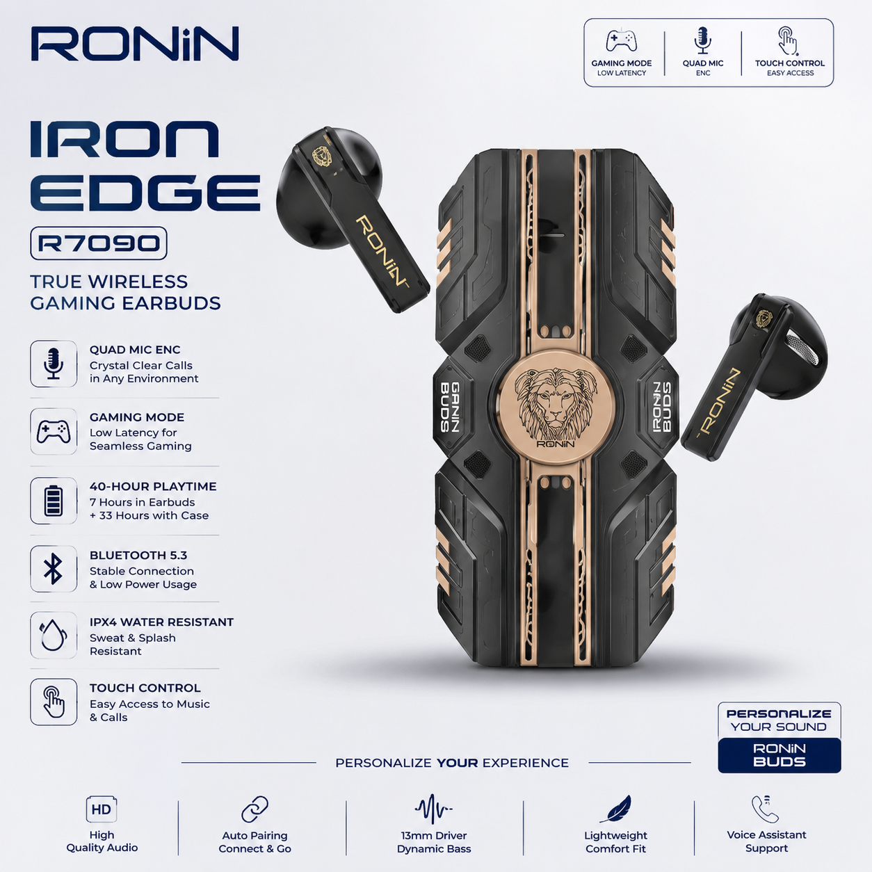 A promotional product graphic for the Ronin Iron Edge R7090 true wireless gaming earbuds. The image shows a black and metallic gold central earbud case with two matching earbuds, surrounded by feature callouts and icons on a light gray background.