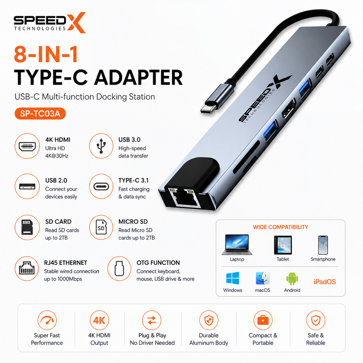 SpeedX SP-TC801 8-in-1 Multi-Port Type-C 4K HDMI USB 3.0 Hub Converter
