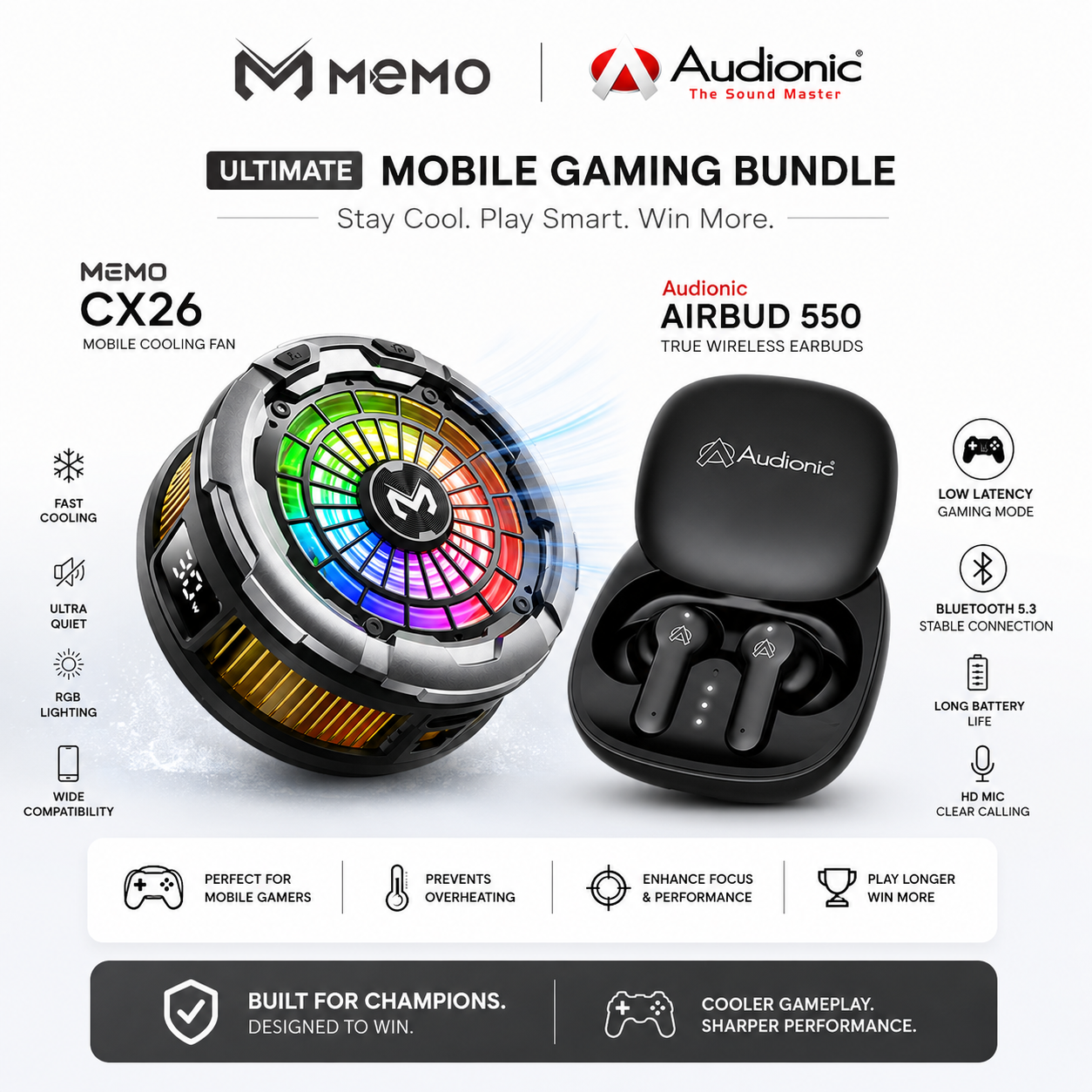 Pro Gamer's Edge Bundle: Memo CX26 Magnetic Cooler + Audionic Airbud 550
