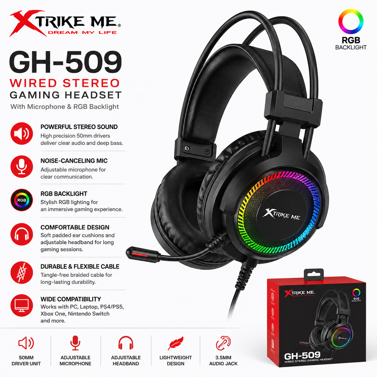 Xtrike Me GH-509 Wired Stereo Gaming Headset – RGB Backlight & High-Precision Mic