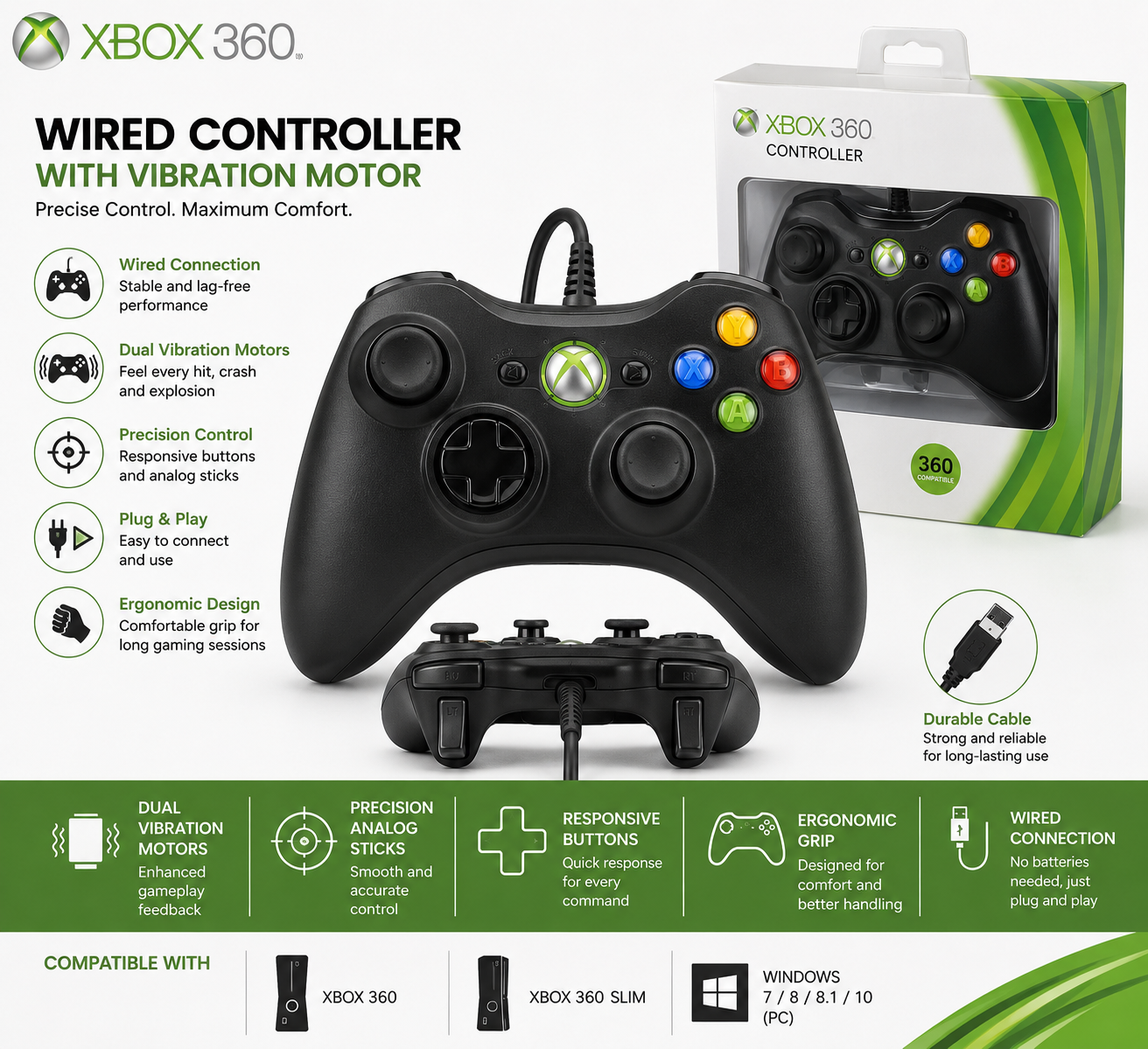Wired Controller for Xbox 360 – Dual Vibration Motors & Ergonomic Design