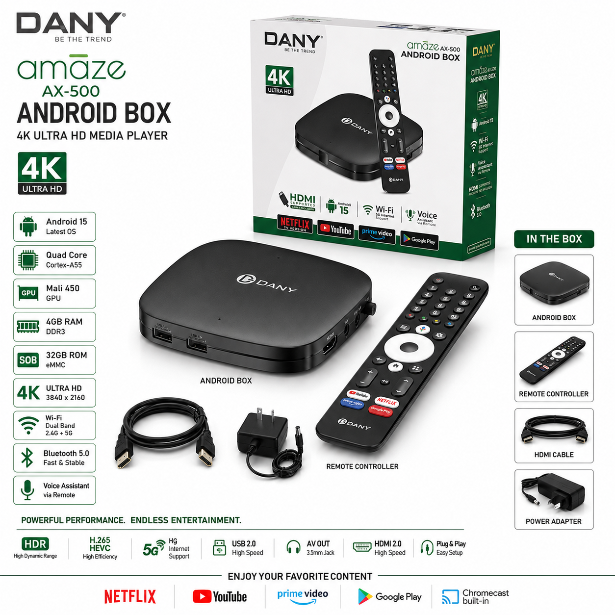 Dany Amaze AX-500 Android TV Box - 4GB RAM, 32GB ROM, Android 15