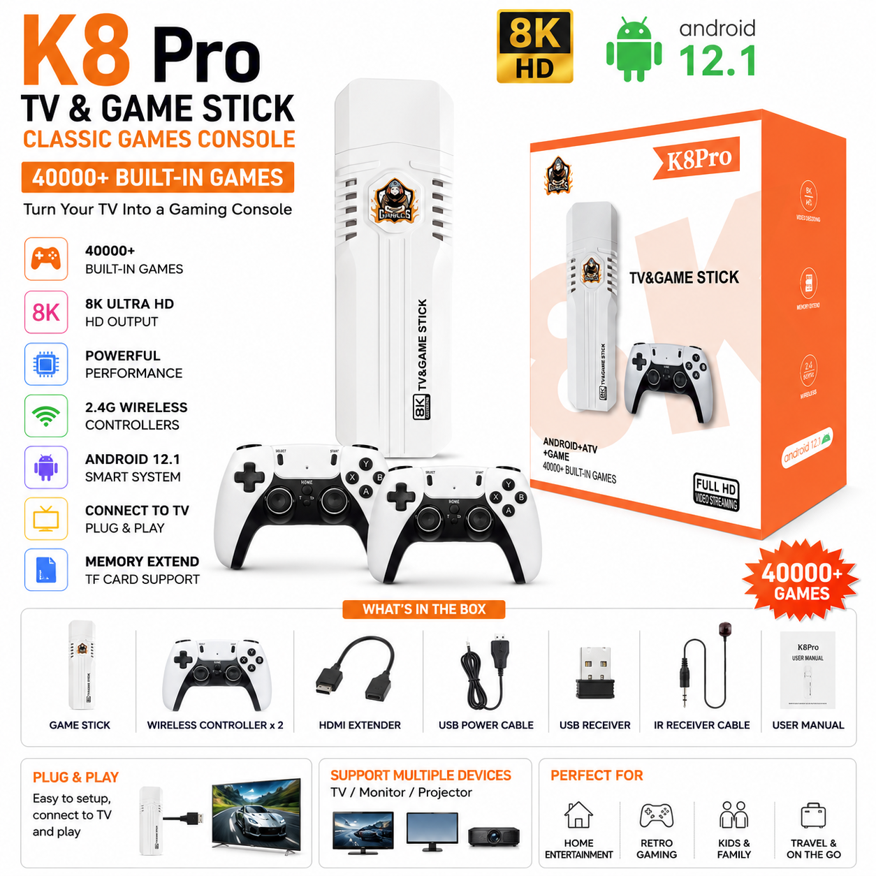 K8 Pro Retro Game Stick - Android 12.1, 8K HD, 64GB & 40,000+ Classic Games