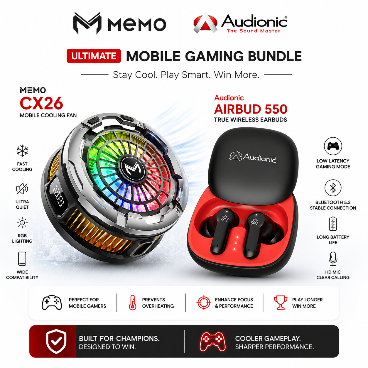 Pro Gamer's Edge Bundle: Memo CX26 Magnetic Cooler + Audionic Airbud 550