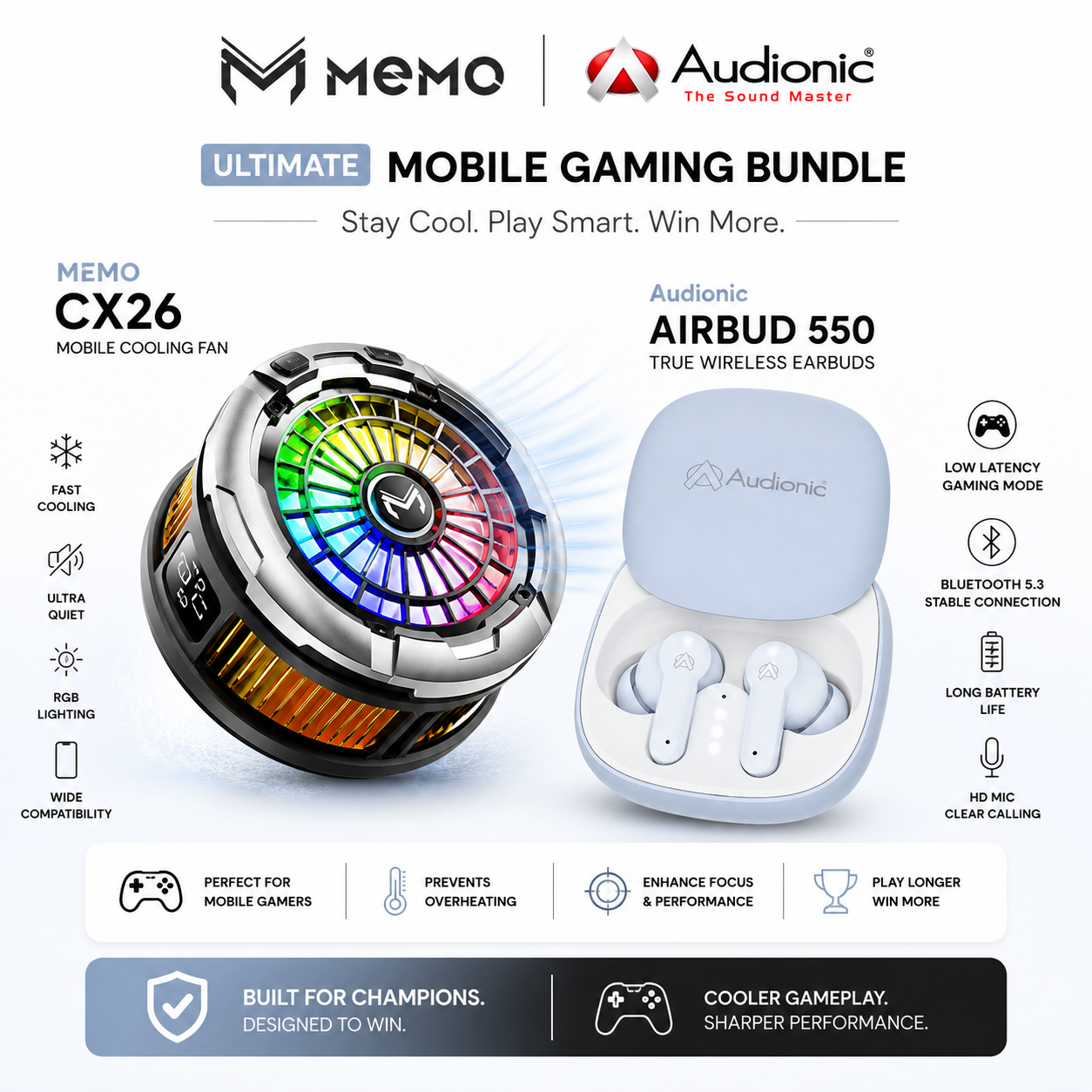 Pro Gamer's Edge Bundle: Memo CX26 Magnetic Cooler + Audionic Airbud 550