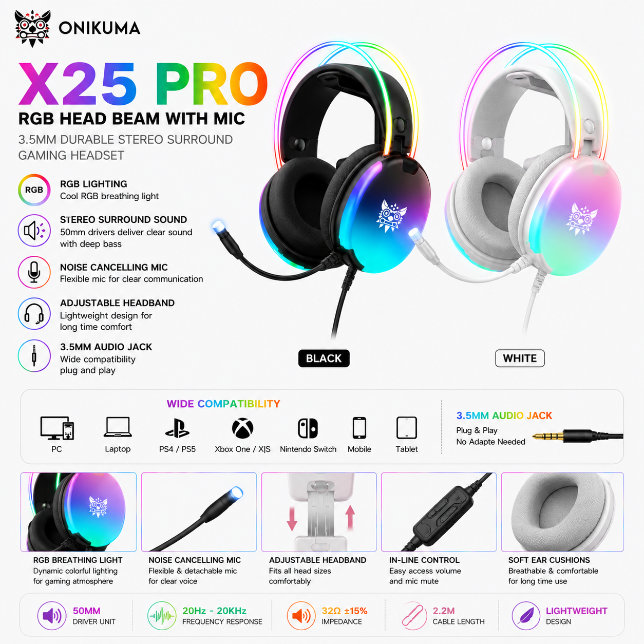 Onikuma X25 Pro RGB Gaming Headset – 3D Stereo Surround Sound & Noise-Cancelling Mic