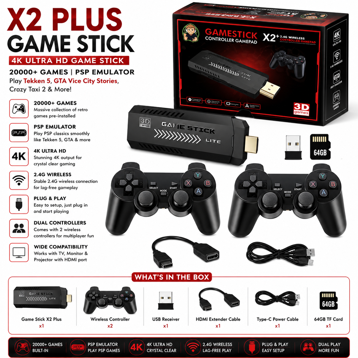 X2 Plus Retro Game Stick - 4K HD Wireless Console with 37,000+ Classic Games