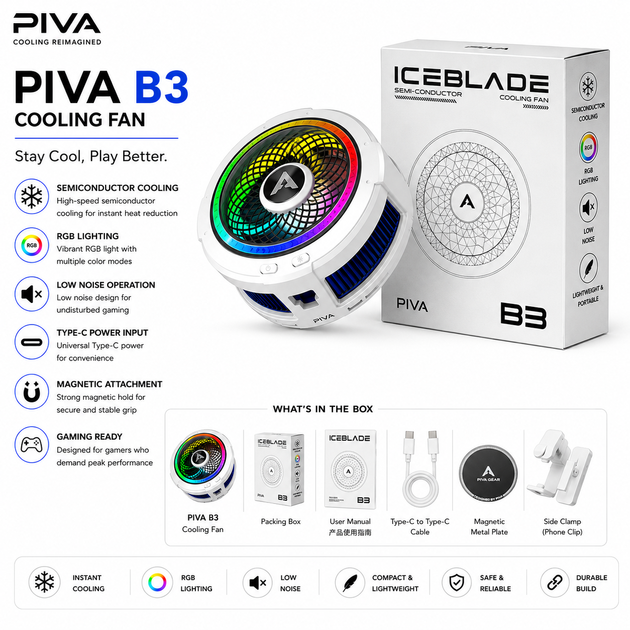 Piva B3 Mobile Cooling Fan - High-Efficiency Portable Cooler for Overheat Prevention