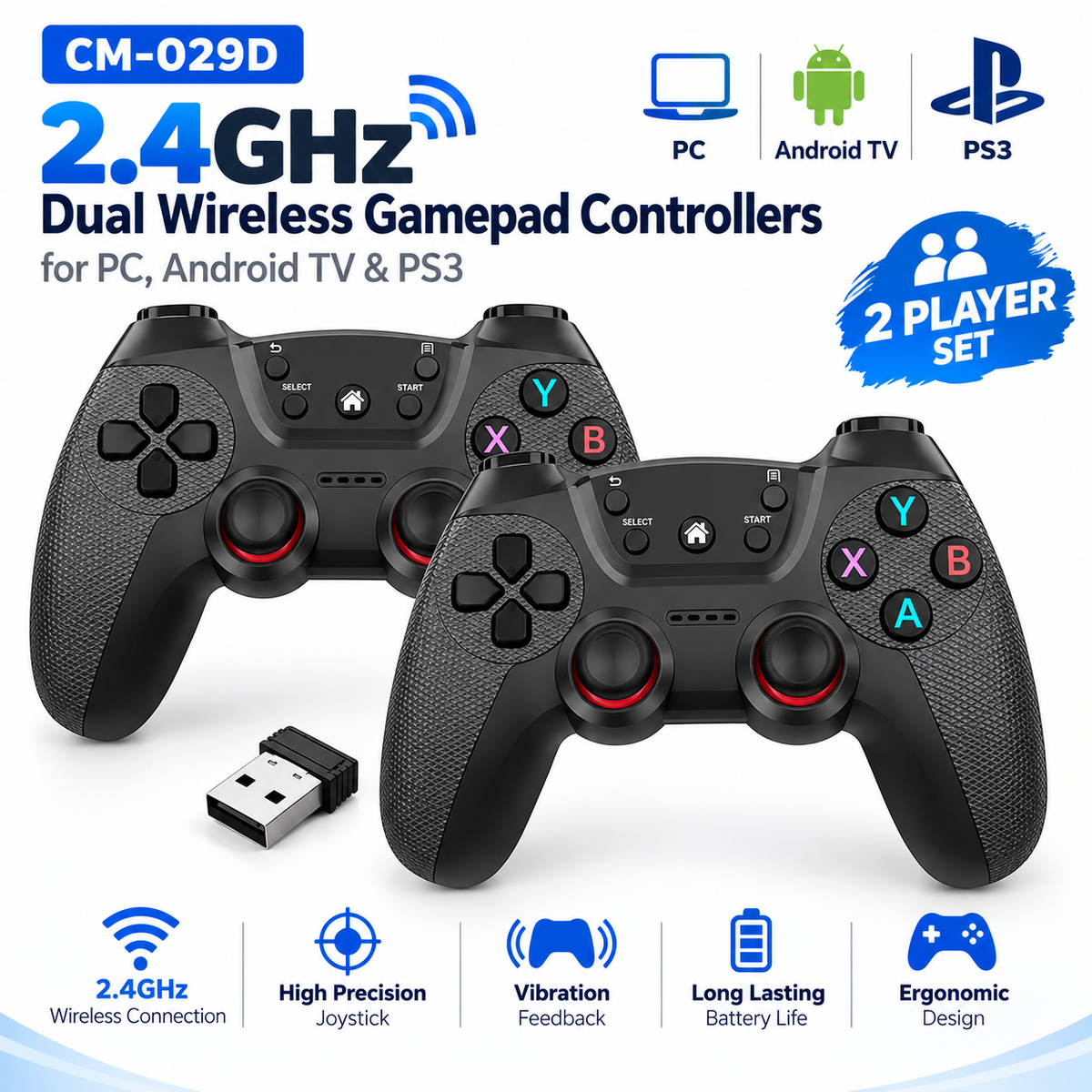 CM-029D 2.4GHz Dual Wireless Gamepad Controllers – 2 Player Set for PC, Android TV