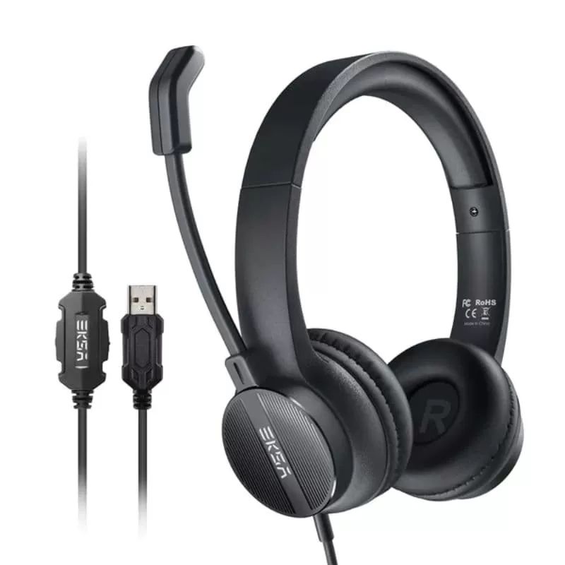 Black over-ear headset with an adjustable boom microphone, shown with a USB connector and inline control module on a plain white background. The brand name 'Eksa' is visible on the ear cup and inline module.