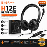 EKSA Telecom H12E over-ear headset with attached microphone and inline remote, shown alongside its retail box on a white background with promotional text and badges.