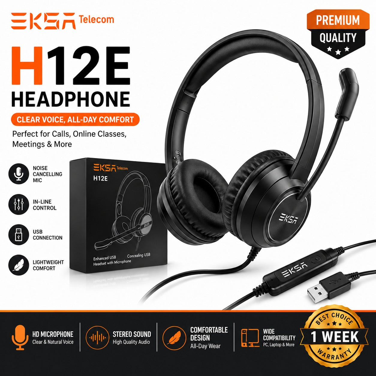 EKSA Telecom H12E over-ear headset with attached microphone and inline remote, shown alongside its retail box on a white background with promotional text and badges.