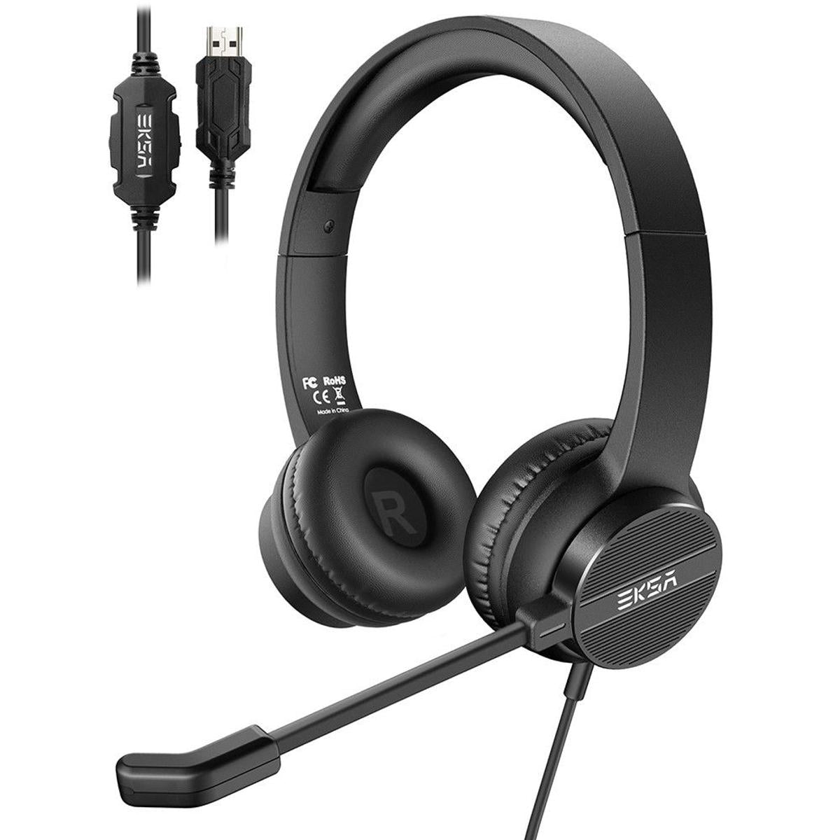 Black over-ear gaming headset with an adjustable boom microphone, shown on a white background with a small inset of the USB connector and inline control.