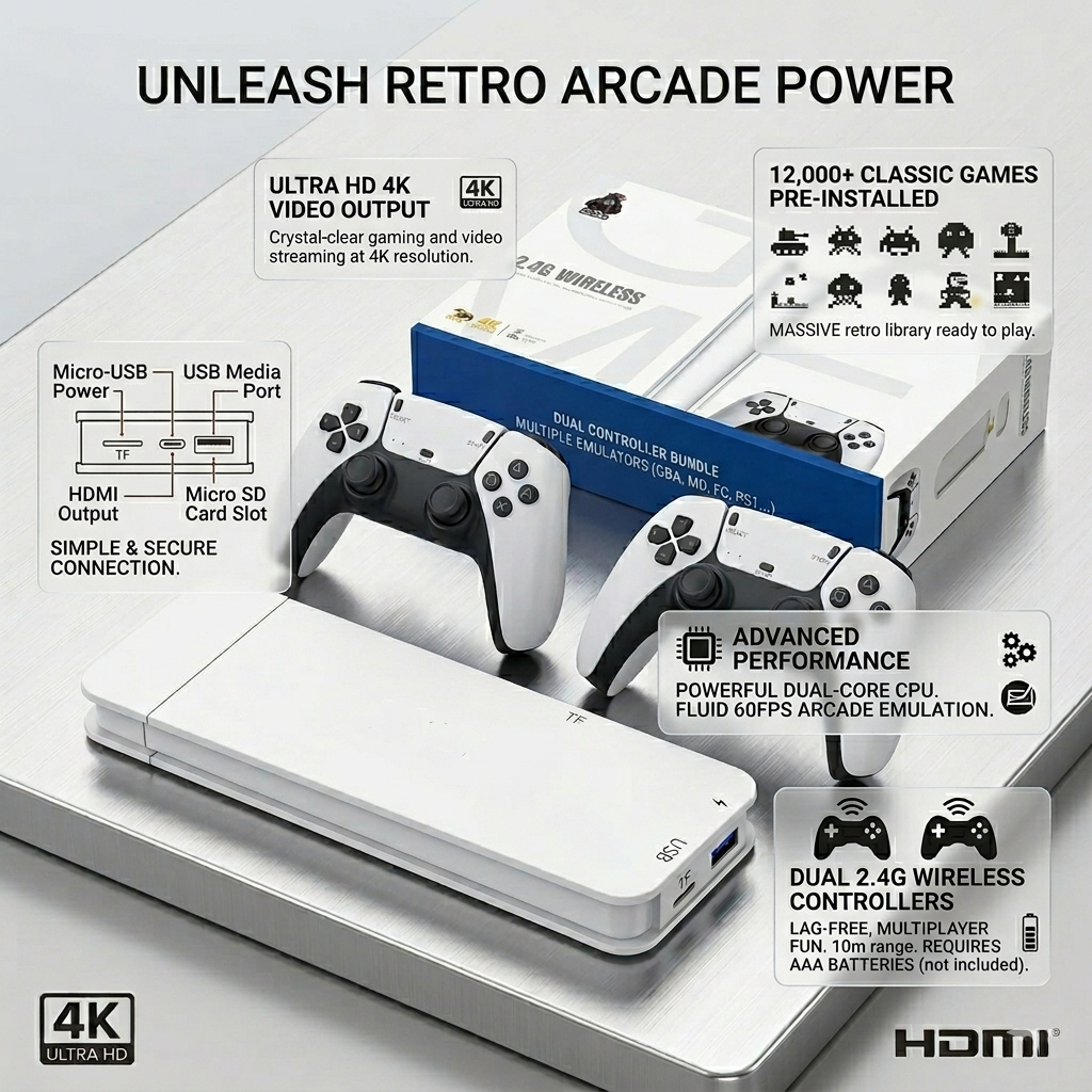 M15 Wireless Retro Game Console – 20,000+ Games, 4K HDMI Plug & Play with Dual Wireless Controllers
