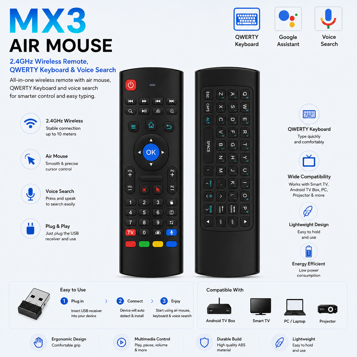 MX3 Air Mouse | 2.4GHz Wireless Remote, QWERTY Keyboard & Voice Search