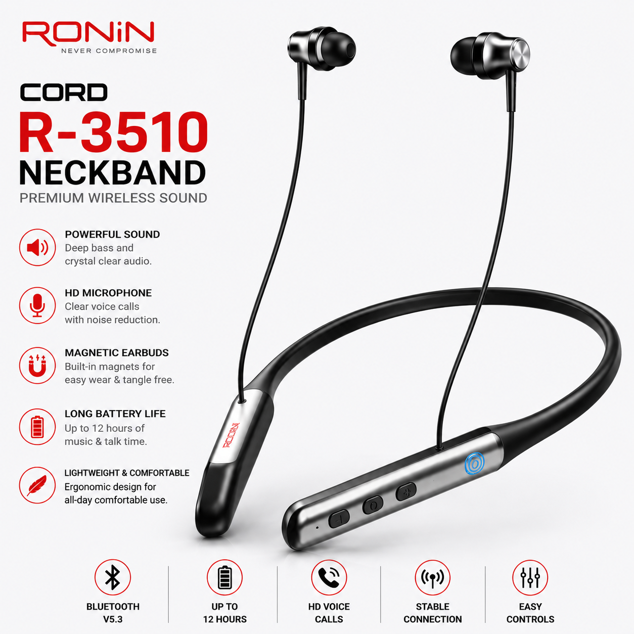 Ronin Cord R-3510 Neckband – ENC, Magnetic Buds, 12 Hours Playtime