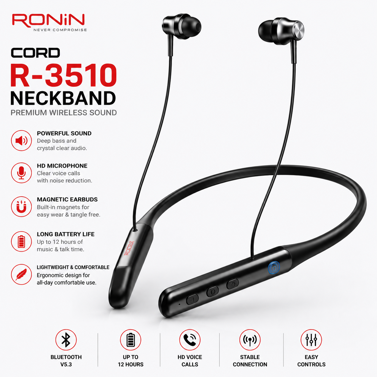 Ronin Cord R-3510 Neckband – ENC, Magnetic Buds, 12 Hours Playtime