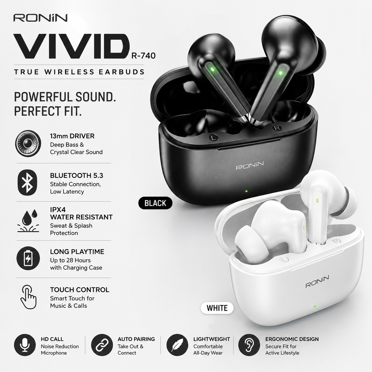 Ronin VIVID R-740 Earbuds – 13mm Driver, Bluetooth 5.3, IPX4 Water Resistant