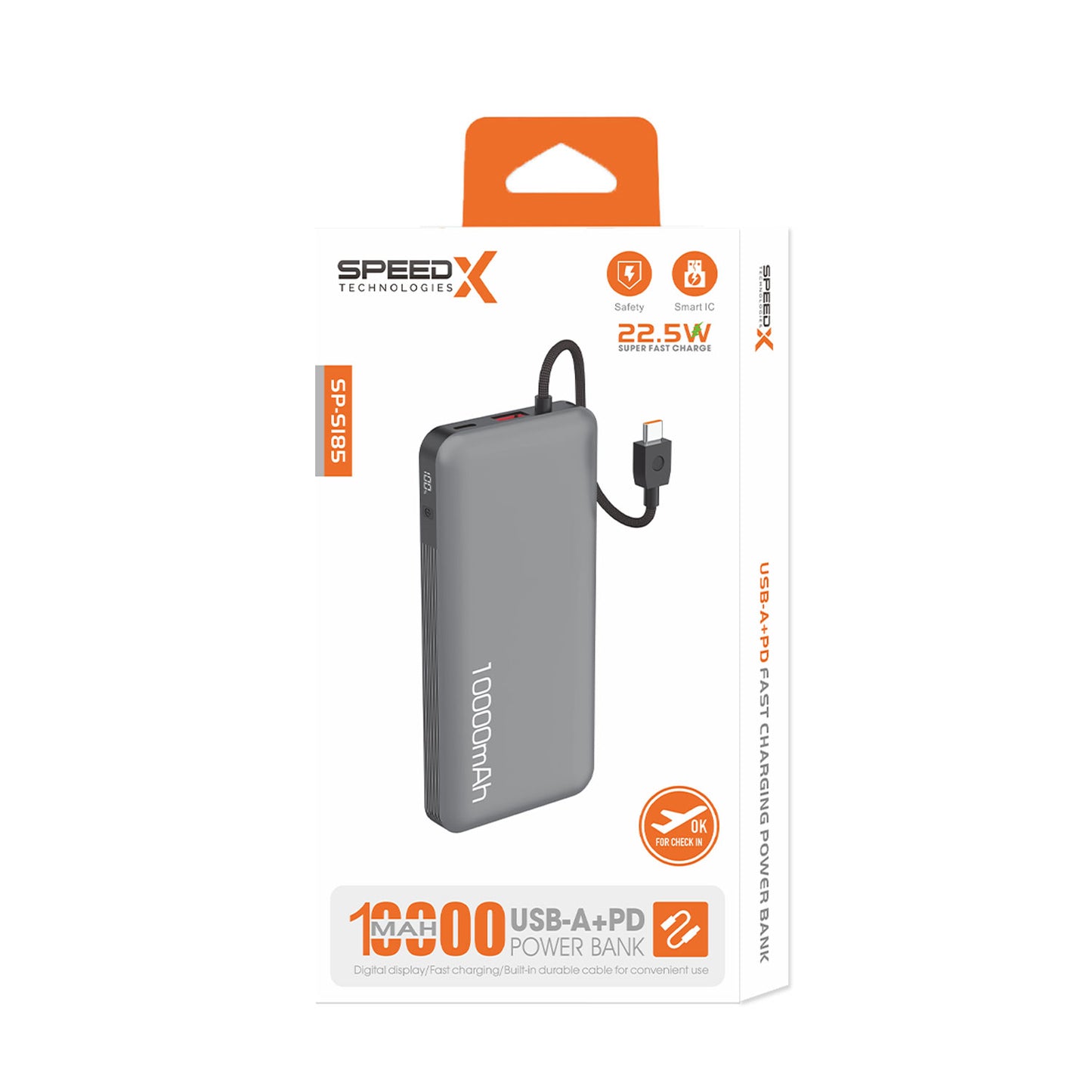 SpeedX power bank with 10000mAh capacity on a white background