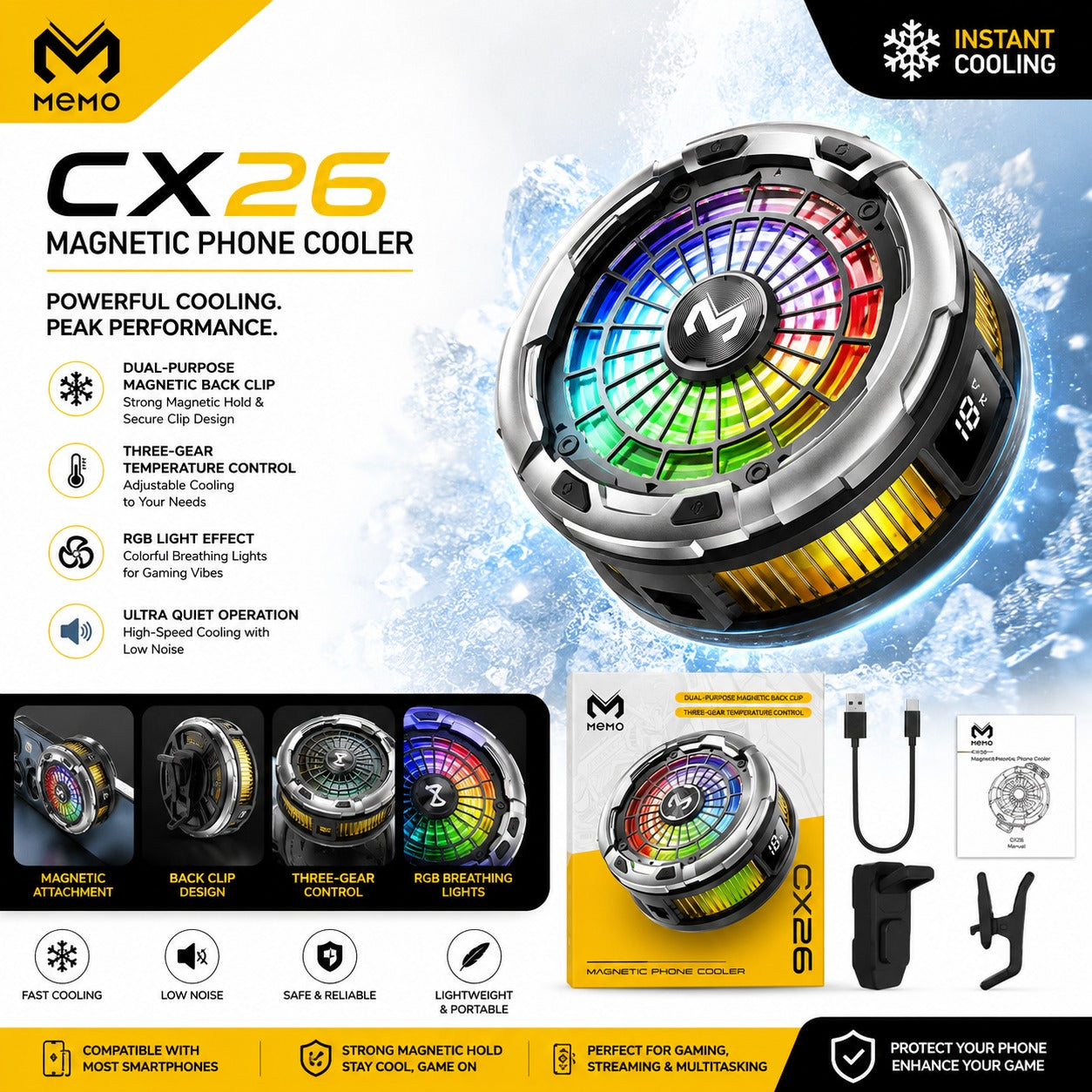 Memo CX26 Magnetic Phone Cooler - High-Performance Semiconductor Cooling for Gaming