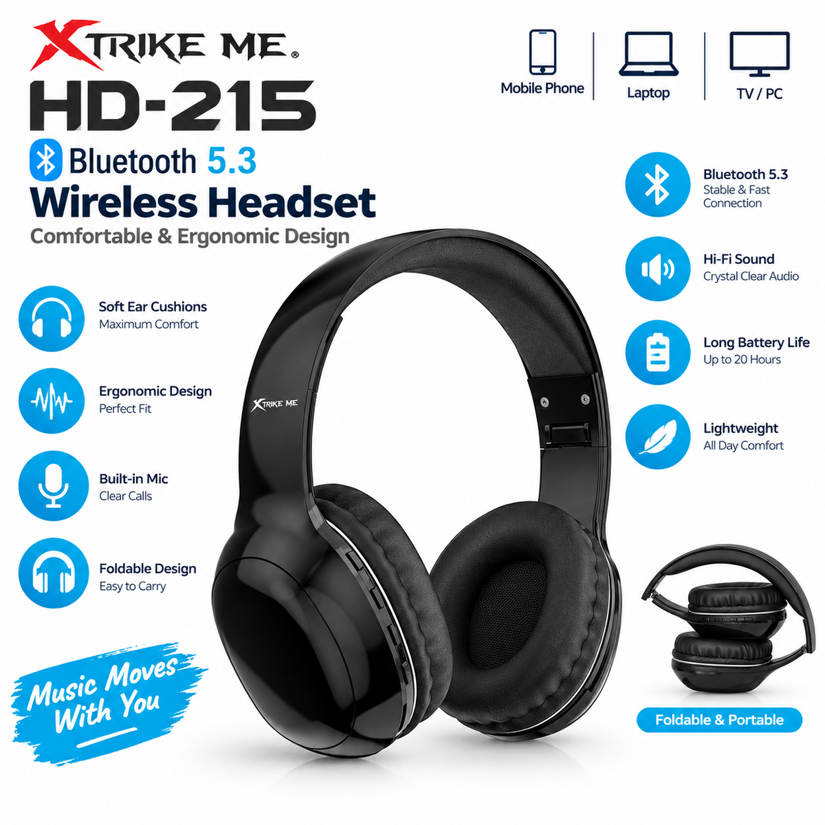 Xtrike Me HD-215 Bluetooth 5.3 Wireless Gaming & Music Headset