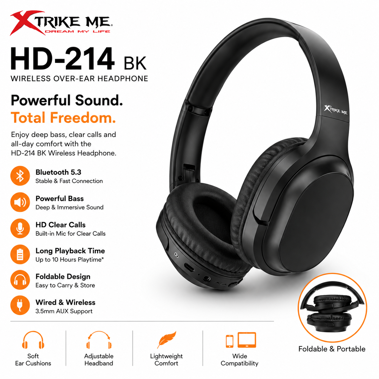 Black Xtrike Me HD-214 BK wireless over-ear headphones shown on a white background with product features, icons, and a foldable inset diagram.