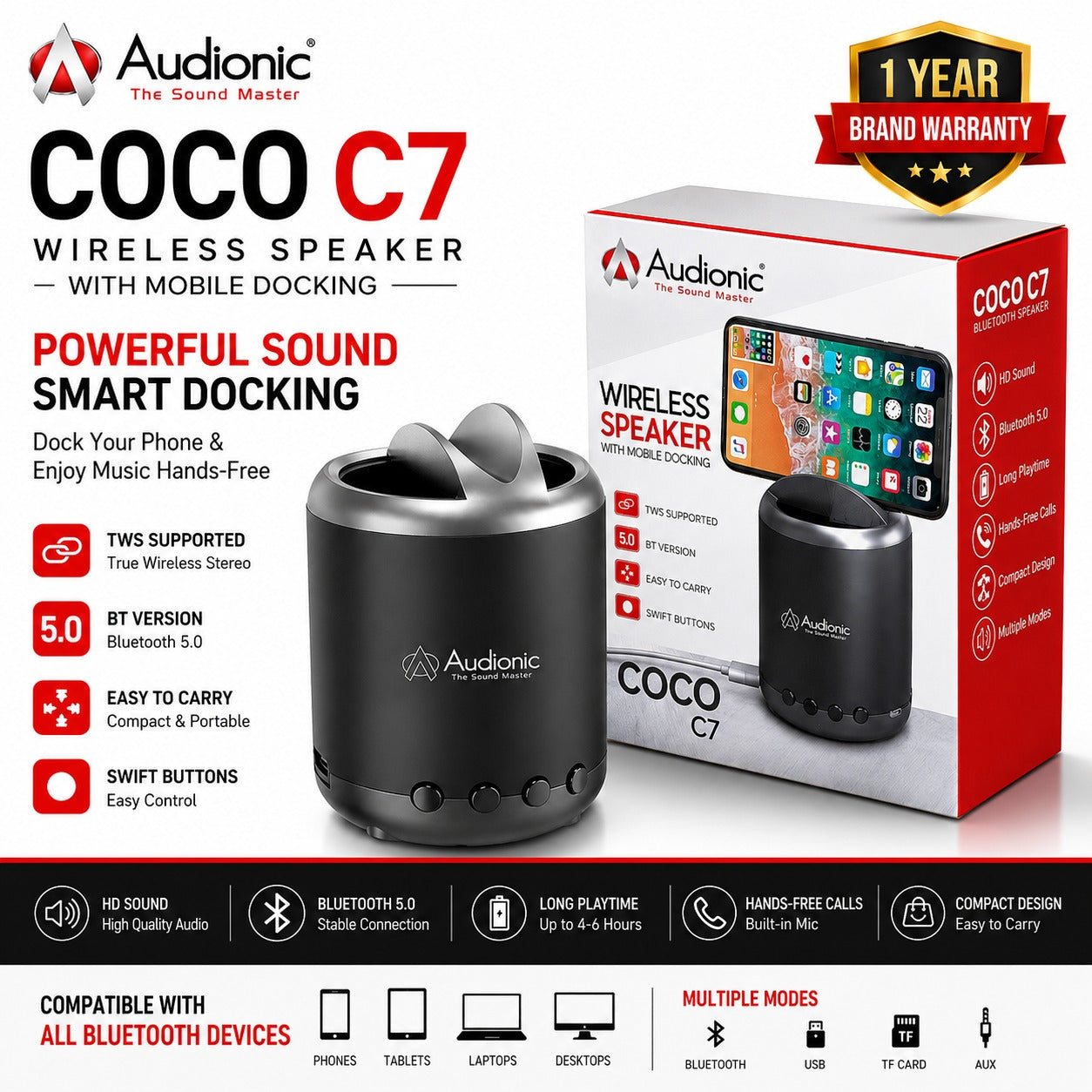 Audionic Coco C7 wireless speaker in dark gray with a matching retail box, shown on a white and black promotional background with feature callouts and a 1-year brand warranty badge.